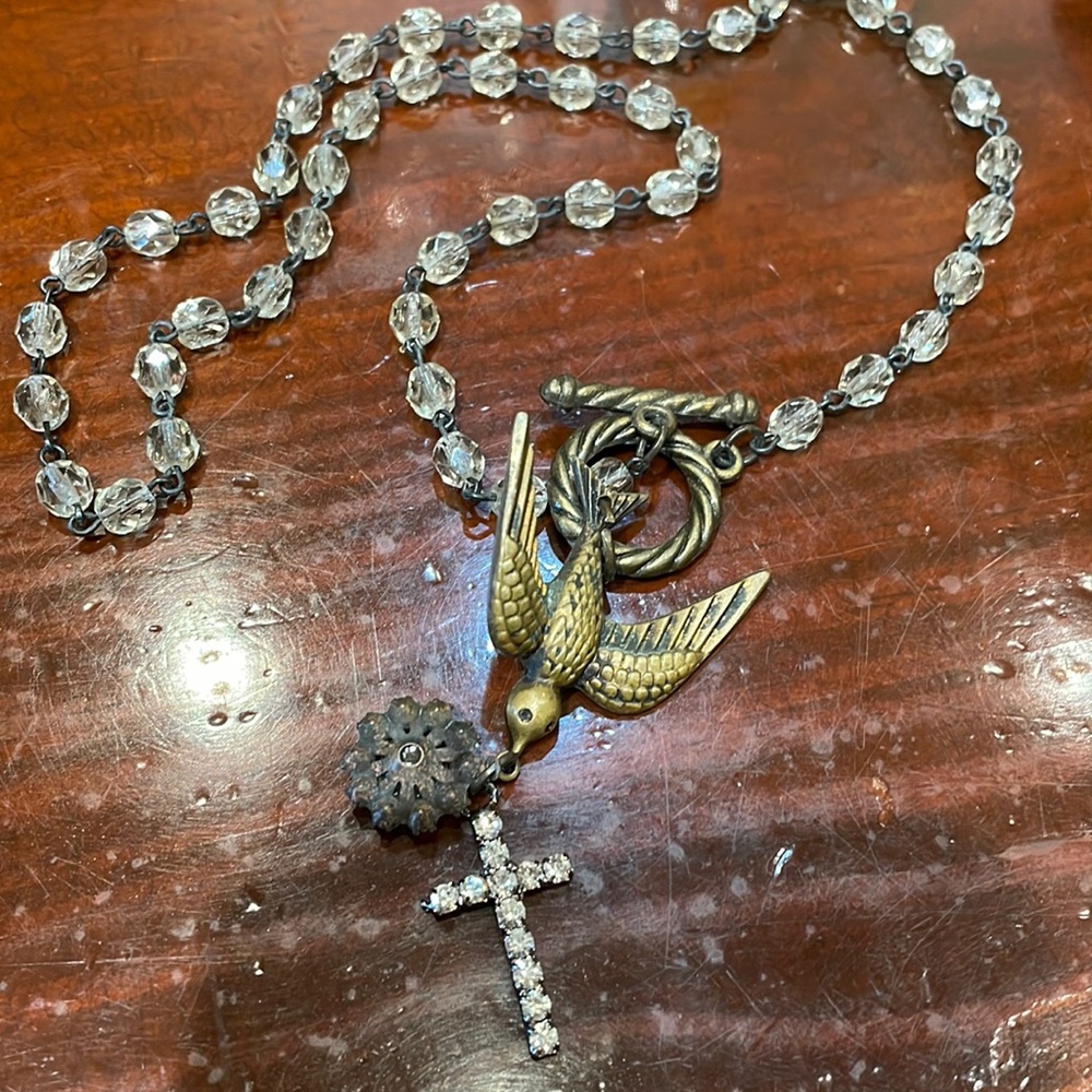 Vintage style Bird with rhinestone cross toggle closure necklace